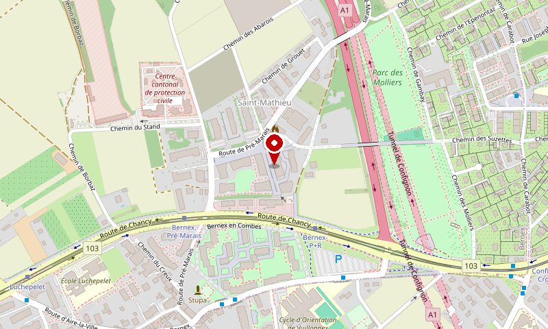 Plan du quartier de Saint-Mathieu à Bernex : le Local est marqué d’un repère rouge, Promenade du Décanat 7, au nord de la route de Chancy et de la ligne du tram.