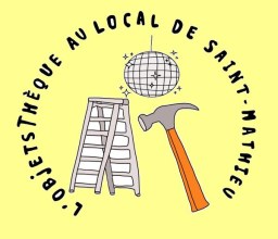 Logo de l’ObjetsThèque au local de Saint-Mathieu : une échelle, une boule à facettes et un marteau